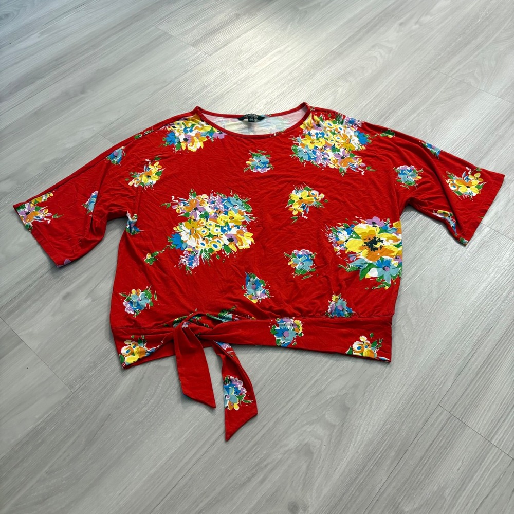 Lauren Ralph Lauren Top Women Red Floral Tie Front Dolman Sleeve Knit Top Large - Picture 2 of 12